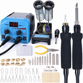 YIHUA 939D-II Pyrography Pen Wood Burning Kit Station 2-in-1 Solid-Point 200~480°C (with Temp Display)/Wire-Nib 250~750°C with 20 Nibs, Solid Points, 1 Stable Pen Holder, 2 Scrap Wood (Blue)