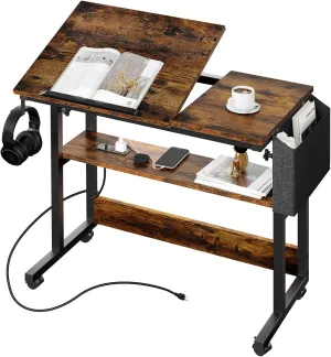 YITAHOME Height Adjustable Table with Charging Station, Portable Desk with Wheels, Small Standing Rolling Computer Desk with Tiltable Tabletop and Storage Bag, Brown