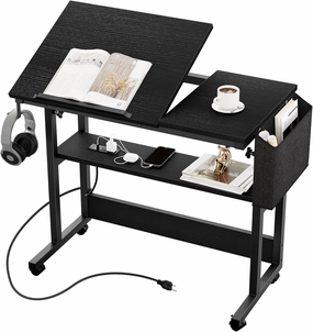 YITAHOME Height Adjustable Table with Charging Station, Portable Desk with Wheels, Small Standing Rolling Computer Desk with Tiltable Tabletop and Storage Bag, Black