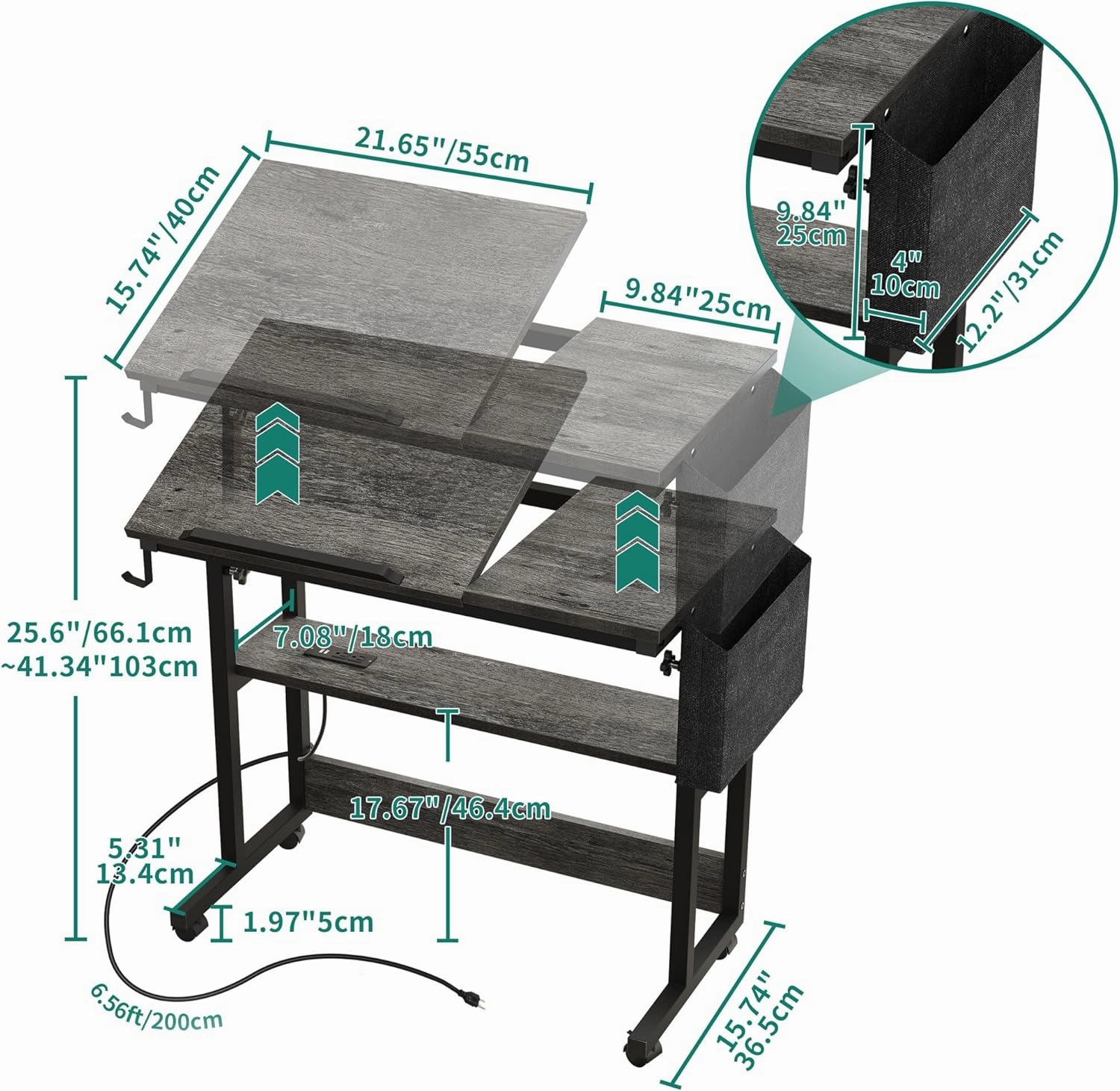 YITAHOME Height Adjustable Table with Charging Station, Portable Desk with Wheels, Small Standing Rolling Computer Desk with Tiltable Tabletop and Storage Bag, Grey