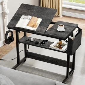YITAHOME Height Adjustable Table with Charging Station, Portable Desk with Wheels, Small Standing Rolling Computer Desk with Tiltable Tabletop and Storage Bag, Grey