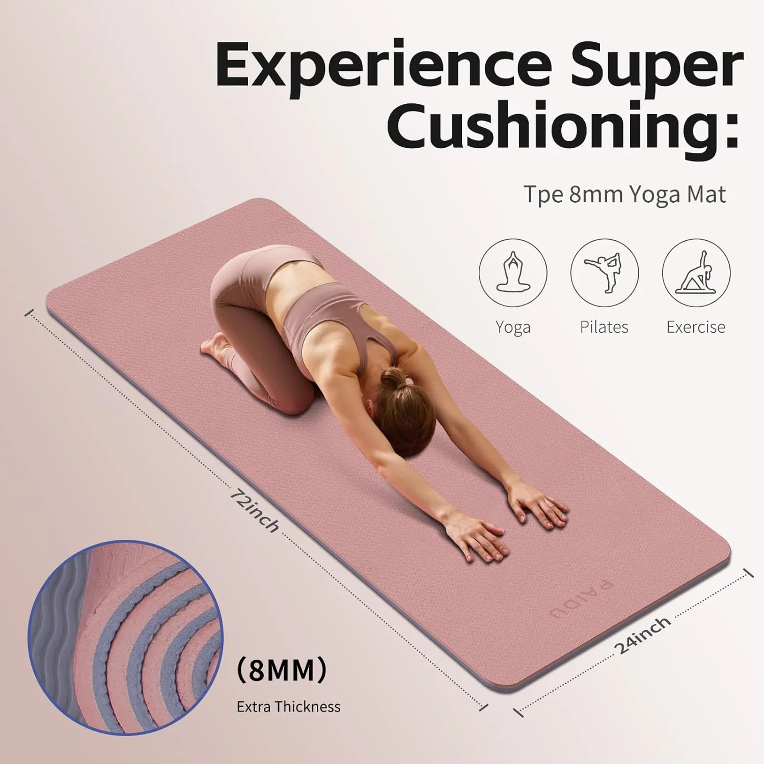 Yoga Mat 8mm Super Thick TPE Fitness Exercise Mat, Non-Slip, Odorless and Tear Resistant, Unisex, With Strap, Suitable for Yoga, Pilates, Meditation, Home Floor Exercise
