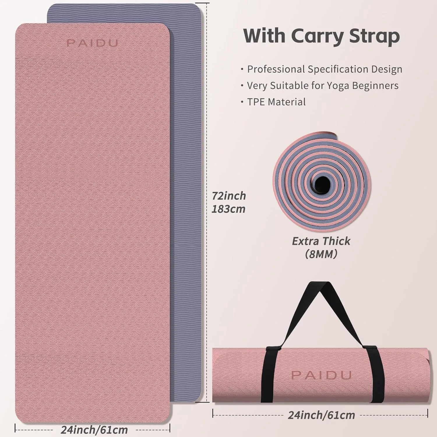 Yoga Mat 8mm Super Thick TPE Fitness Exercise Mat, Non-Slip, Odorless and Tear Resistant, Unisex, With Strap, Suitable for Yoga, Pilates, Meditation, Home Floor Exercise