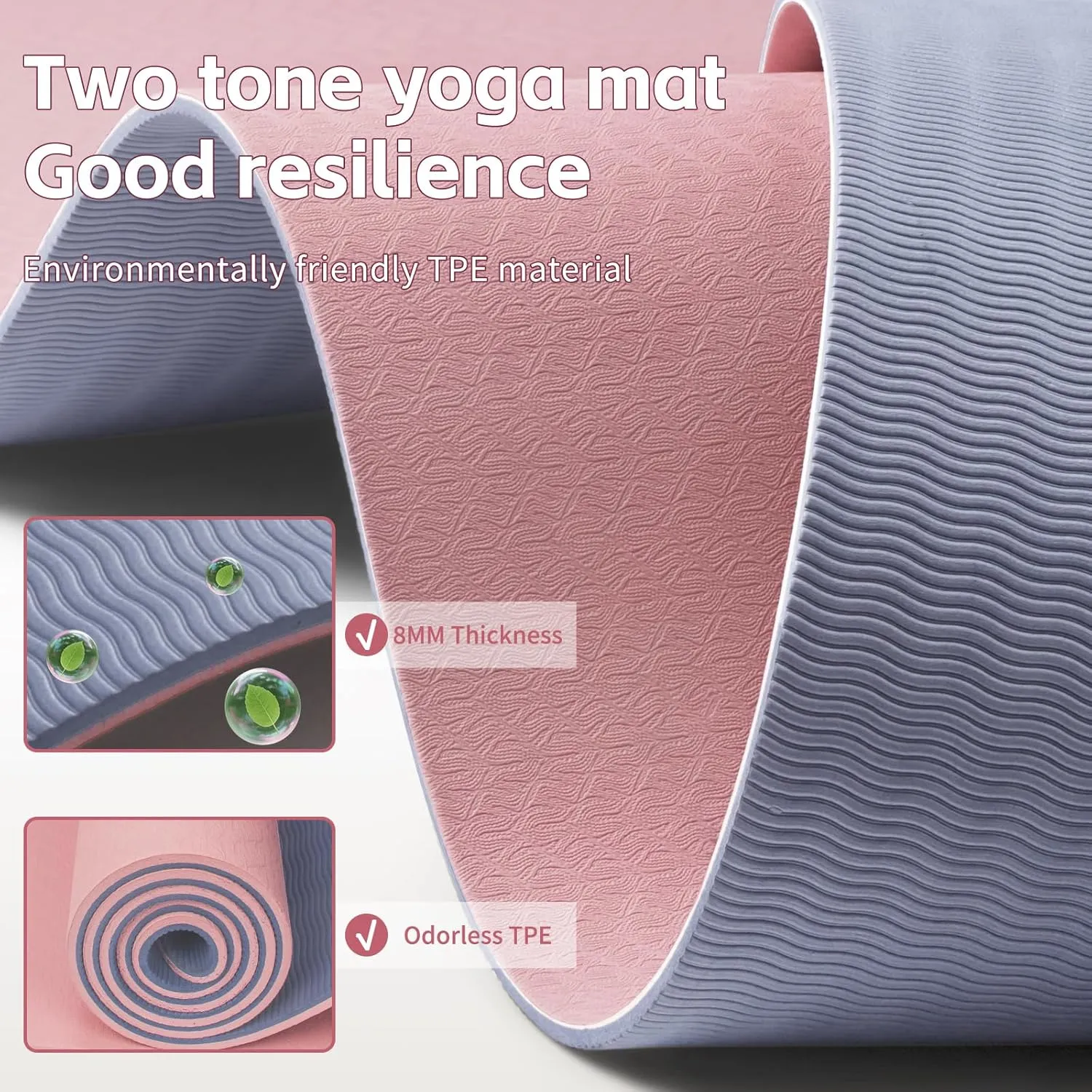 Yoga Mat 8mm Super Thick TPE Fitness Exercise Mat, Non-Slip, Odorless and Tear Resistant, Unisex, With Strap, Suitable for Yoga, Pilates, Meditation, Home Floor Exercise