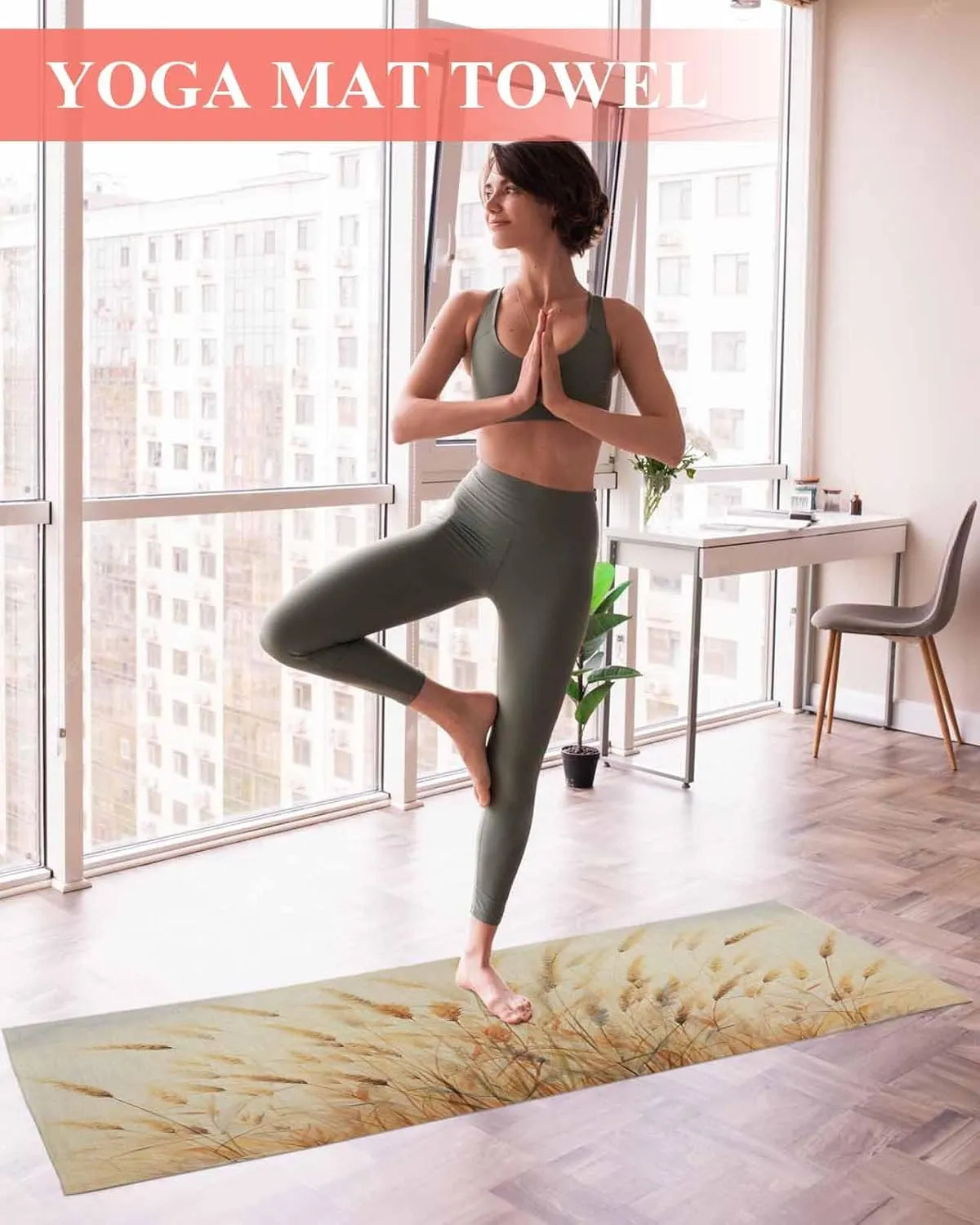 Yoga Mat Towel Reed Dandelion Retro Plant Grassland Non Slip Hot Yoga Mat Towel with Corner Pockets Absorbent Microfiber Yoga Towels for Hot Yoga, Bikram, Pilates, 26x74 Inch