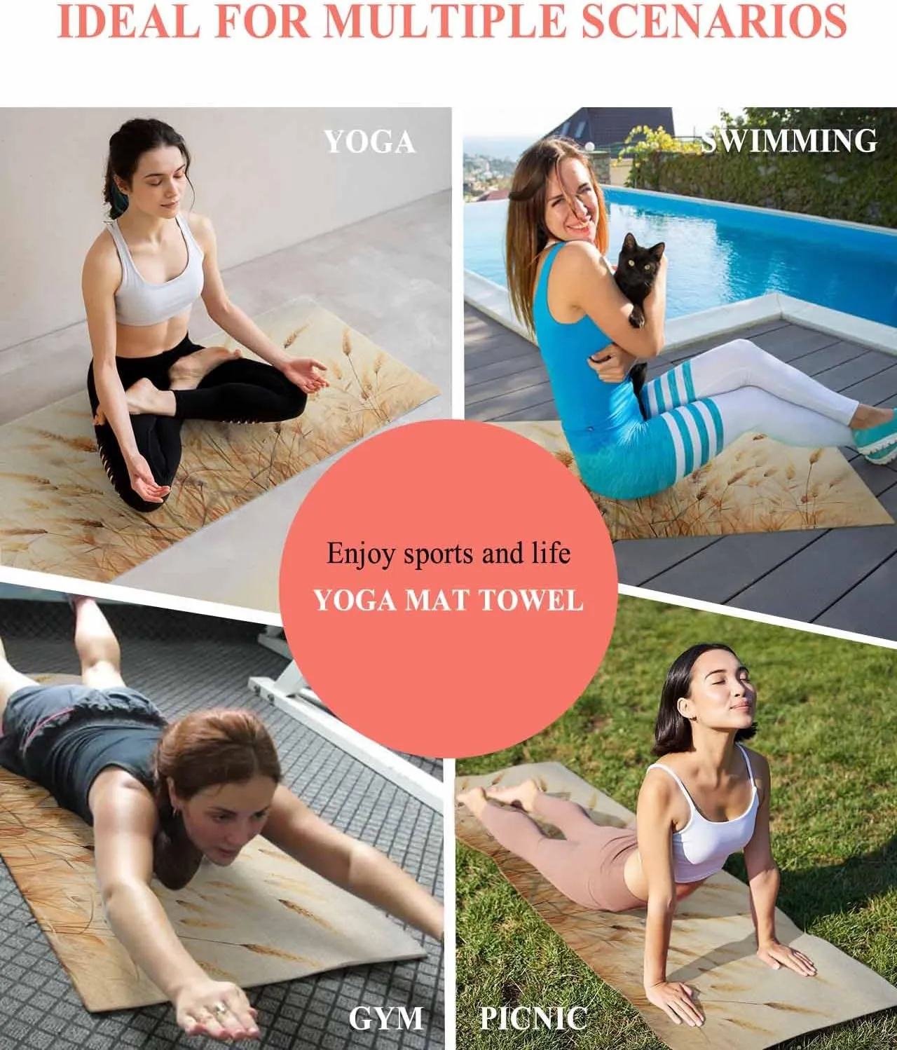 Yoga Mat Towel Reed Dandelion Retro Plant Grassland Non Slip Hot Yoga Mat Towel with Corner Pockets Absorbent Microfiber Yoga Towels for Hot Yoga, Bikram, Pilates, 26x74 Inch