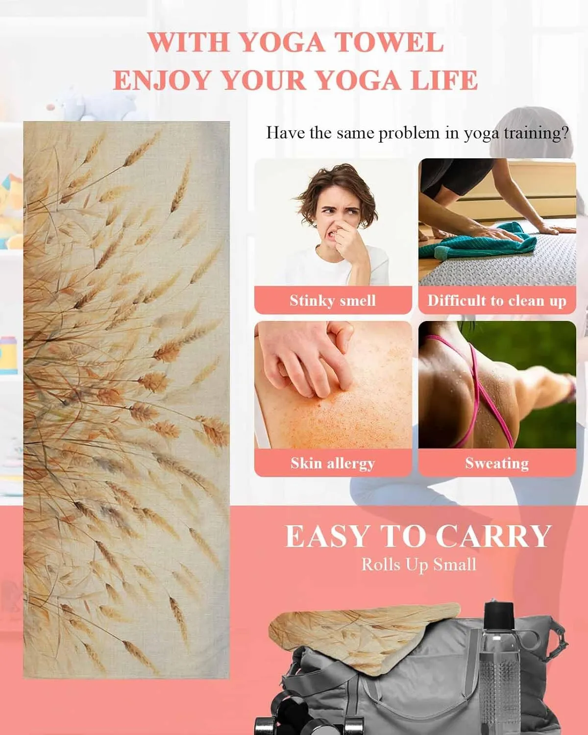Yoga Mat Towel Reed Dandelion Retro Plant Grassland Non Slip Hot Yoga Mat Towel with Corner Pockets Absorbent Microfiber Yoga Towels for Hot Yoga, Bikram, Pilates, 26x74 Inch