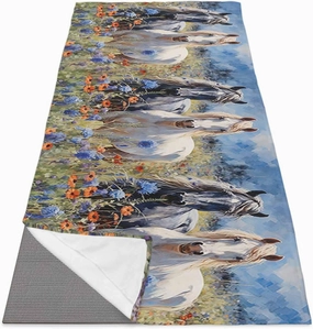 Yoga Mat Towel Grassland Mustang Oil Painting Texture Non Slip Hot Yoga Mat Towel with Corner Pockets Absorbent Microfiber Yoga Towels for Hot Yoga, Bikram, Pilates, 26x70 Inch