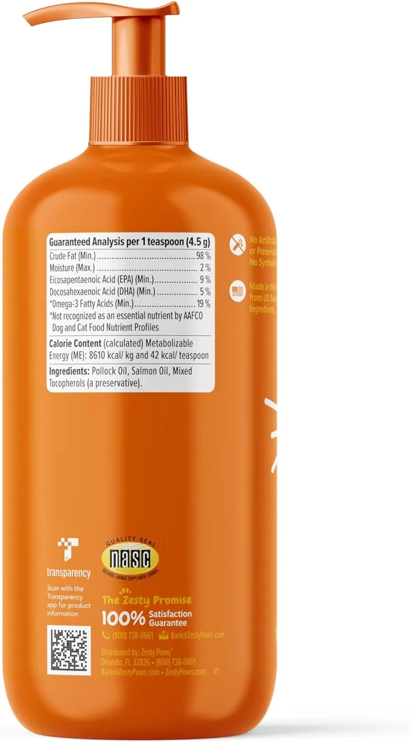 Zesty Paws Wild Alaskan Omega-3 Blend Pollock   Salmon Oil for Dogs and Cats- Skin and Coat Support, Omega 3 Supplement for Pets, 32oz