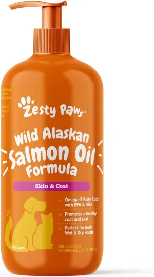Zesty Paws Wild Alaskan Omega-3 Blend Pollock   Salmon Oil for Dogs and Cats- Skin and Coat Support, Omega 3 Supplement for Pets, 32oz