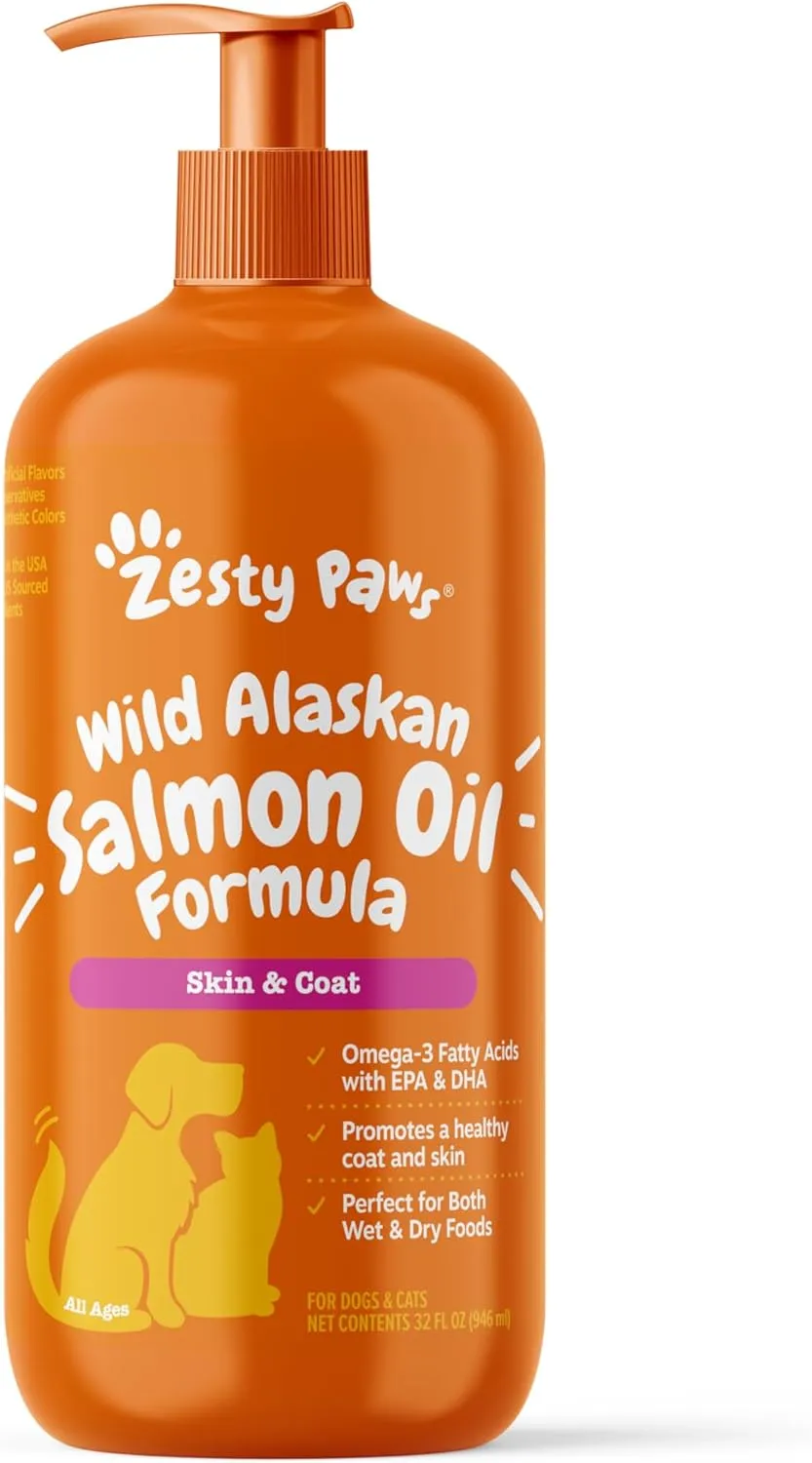 Zesty Paws Wild Alaskan Omega-3 Blend Pollock   Salmon Oil for Dogs and Cats- Skin and Coat Support, Omega 3 Supplement for Pets, 32oz