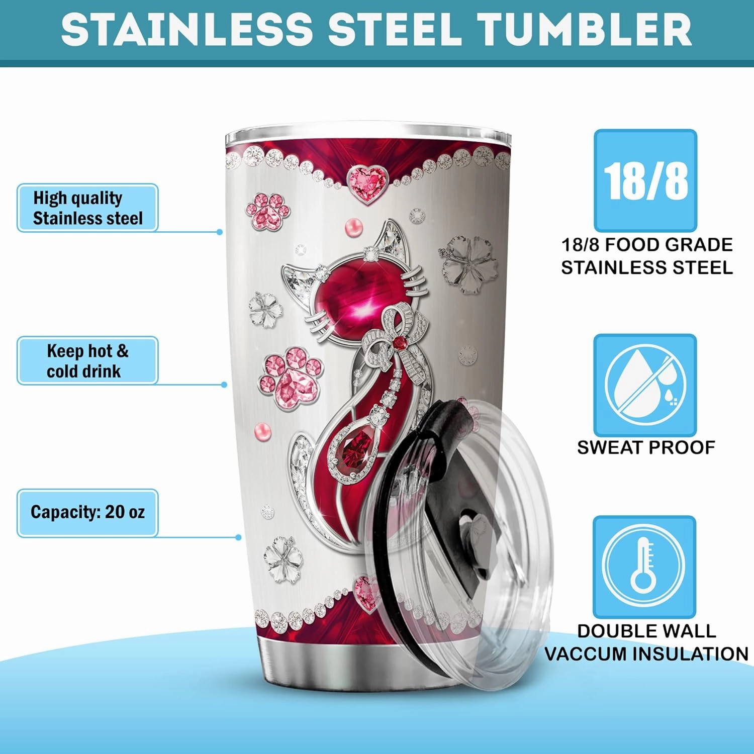 ZOXIX Cat Insulated Tumbler Jewelry Style Everything Tastes Better With Cat Hair In It Funny Saying Coffee Cup With Lid 20oz Cute Animal Gift Pet Tumblers Meow Kitty Mugs For Women