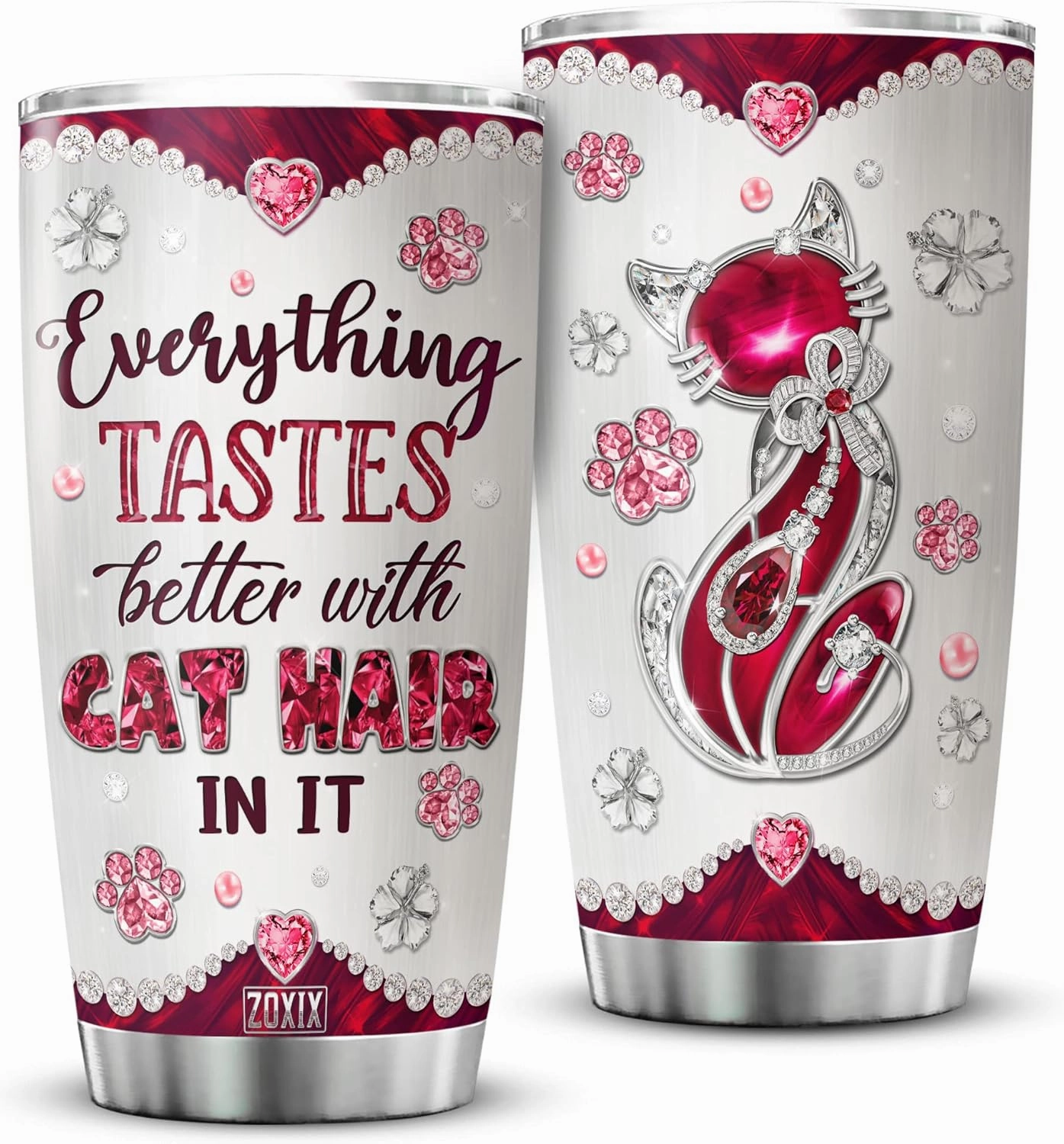 ZOXIX Cat Insulated Tumbler Jewelry Style Everything Tastes Better With Cat Hair In It Funny Saying Coffee Cup With Lid 20oz Cute Animal Gift Pet Tumblers Meow Kitty Mugs For Women