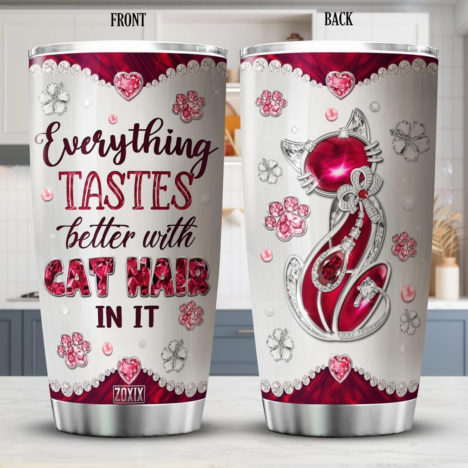 ZOXIX Cat Insulated Tumbler Jewelry Style Everything Tastes Better With Cat Hair In It Funny Saying Coffee Cup With Lid 20oz Cute Animal Gift Pet Tumblers Meow Kitty Mugs For Women