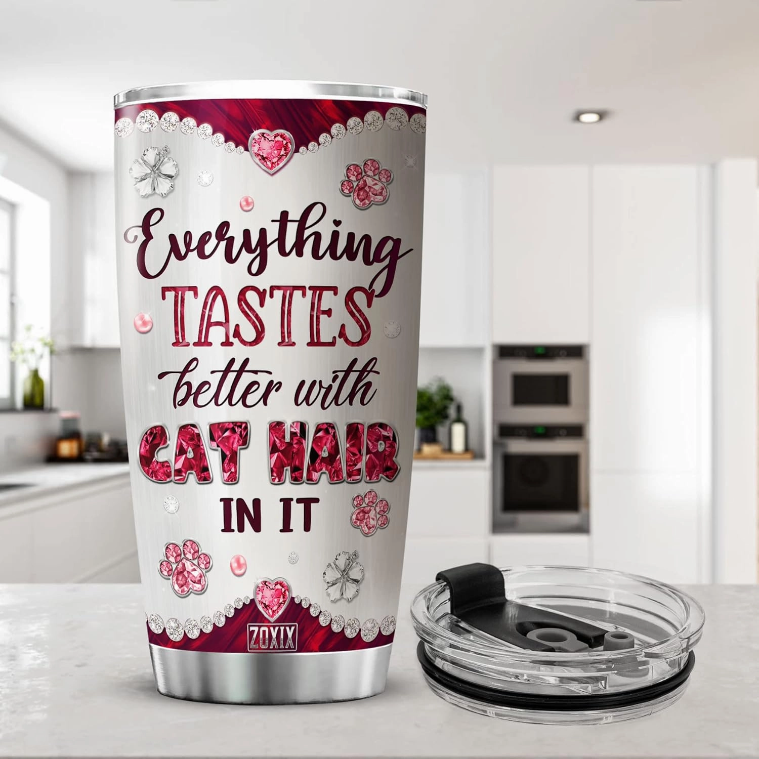 ZOXIX Cat Insulated Tumbler Jewelry Style Everything Tastes Better With Cat Hair In It Funny Saying Coffee Cup With Lid 20oz Cute Animal Gift Pet Tumblers Meow Kitty Mugs For Women