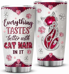 ZOXIX Cat Insulated Tumbler Jewelry Style Everything Tastes Better With Cat Hair In It Funny Saying Coffee Cup With Lid 20oz Cute Animal Gift Pet Tumblers Meow Kitty Mugs For Women