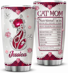 ZOXIX Personalized Cat Mom Tumbler Nutritional Facts Mug 20oz Jewelry Style Stainless Steel Cup With Name Customized Mothers Day Cute Kitten Animal Pet Owner Gifts For Mom Mama