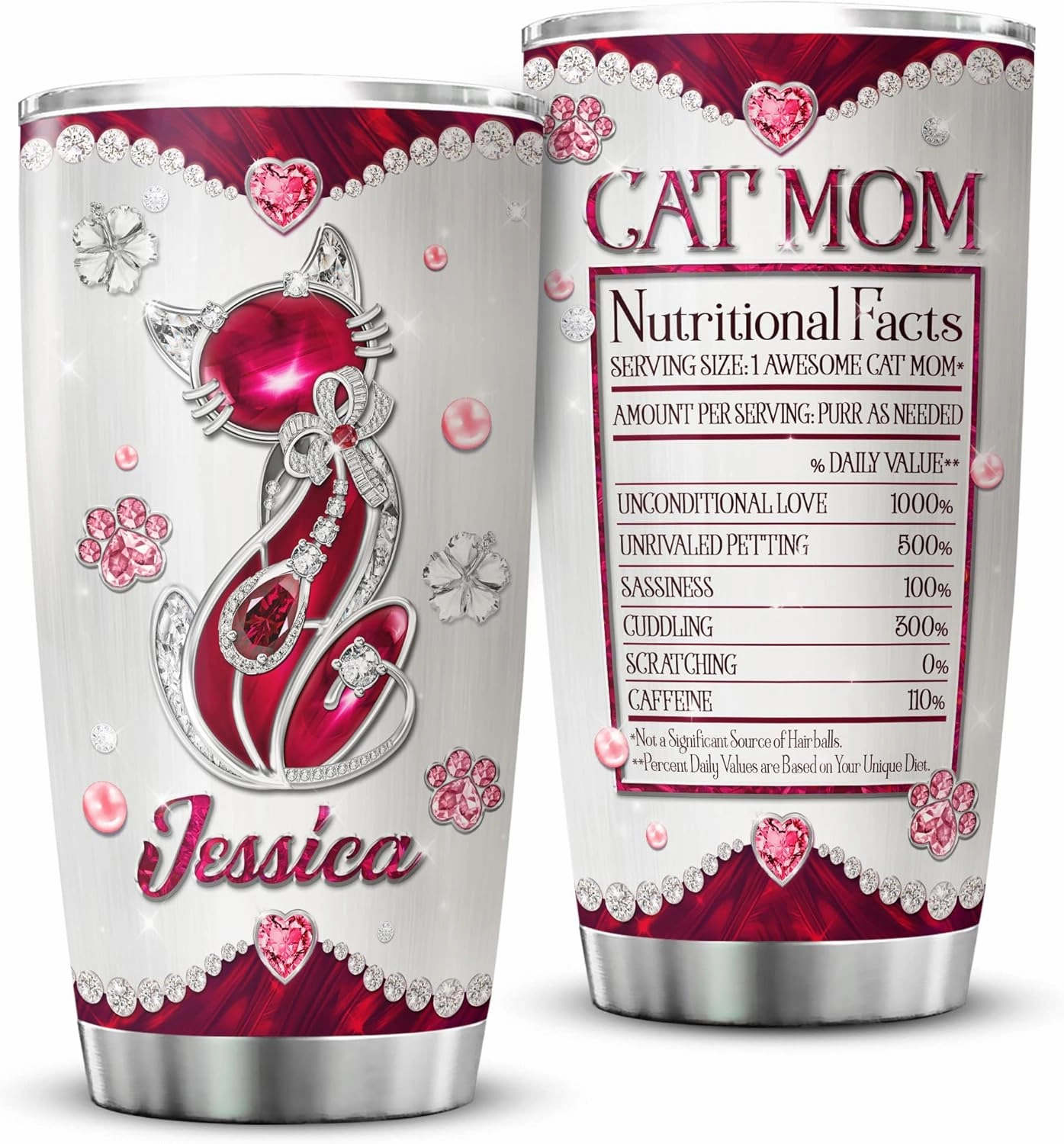 ZOXIX Personalized Cat Mom Tumbler Nutritional Facts Mug 20oz Jewelry Style Stainless Steel Cup With Name Customized Mothers Day Cute Kitten Animal Pet Owner Gifts For Mom Mama