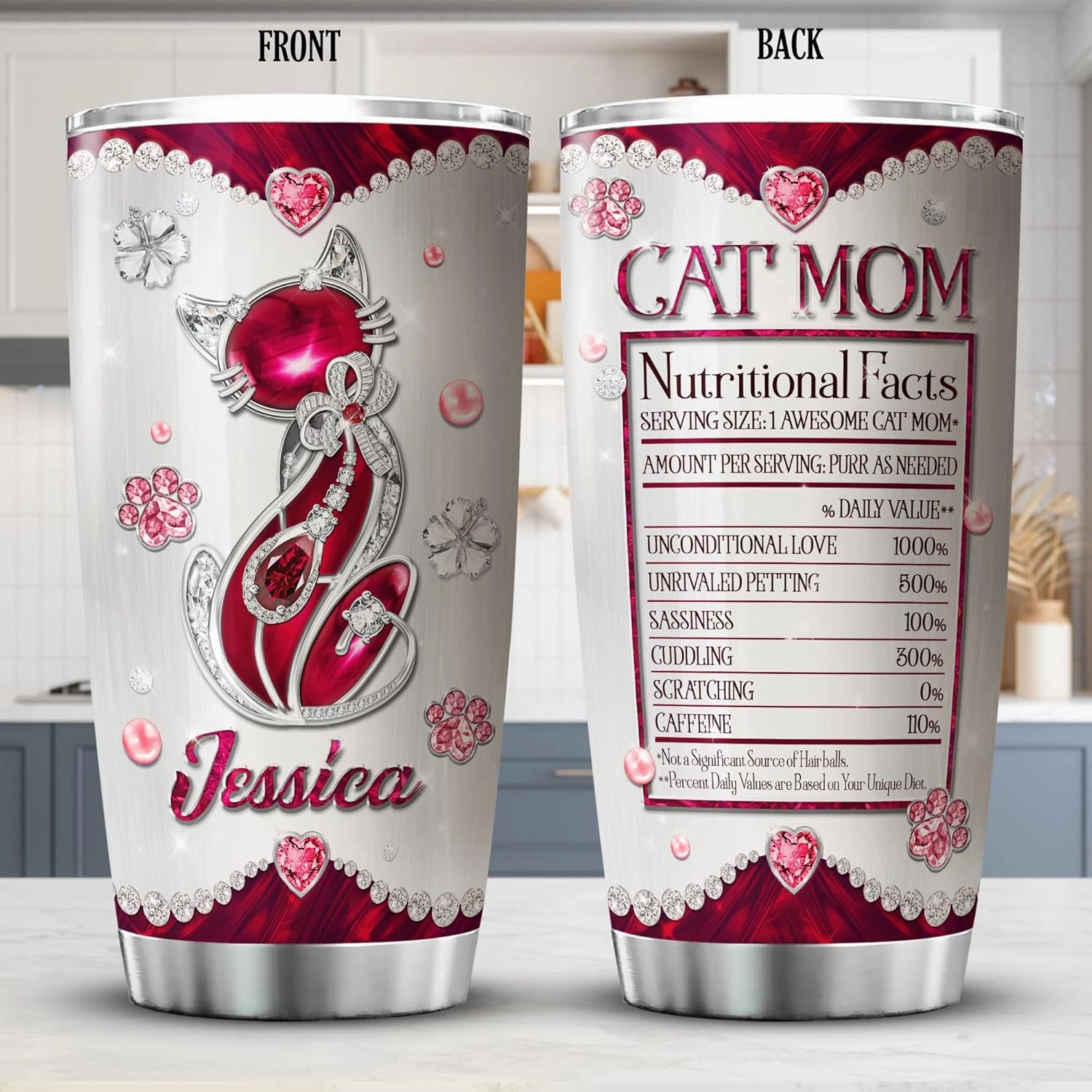 ZOXIX Personalized Cat Mom Tumbler Nutritional Facts Mug 20oz Jewelry Style Stainless Steel Cup With Name Customized Mothers Day Cute Kitten Animal Pet Owner Gifts For Mom Mama