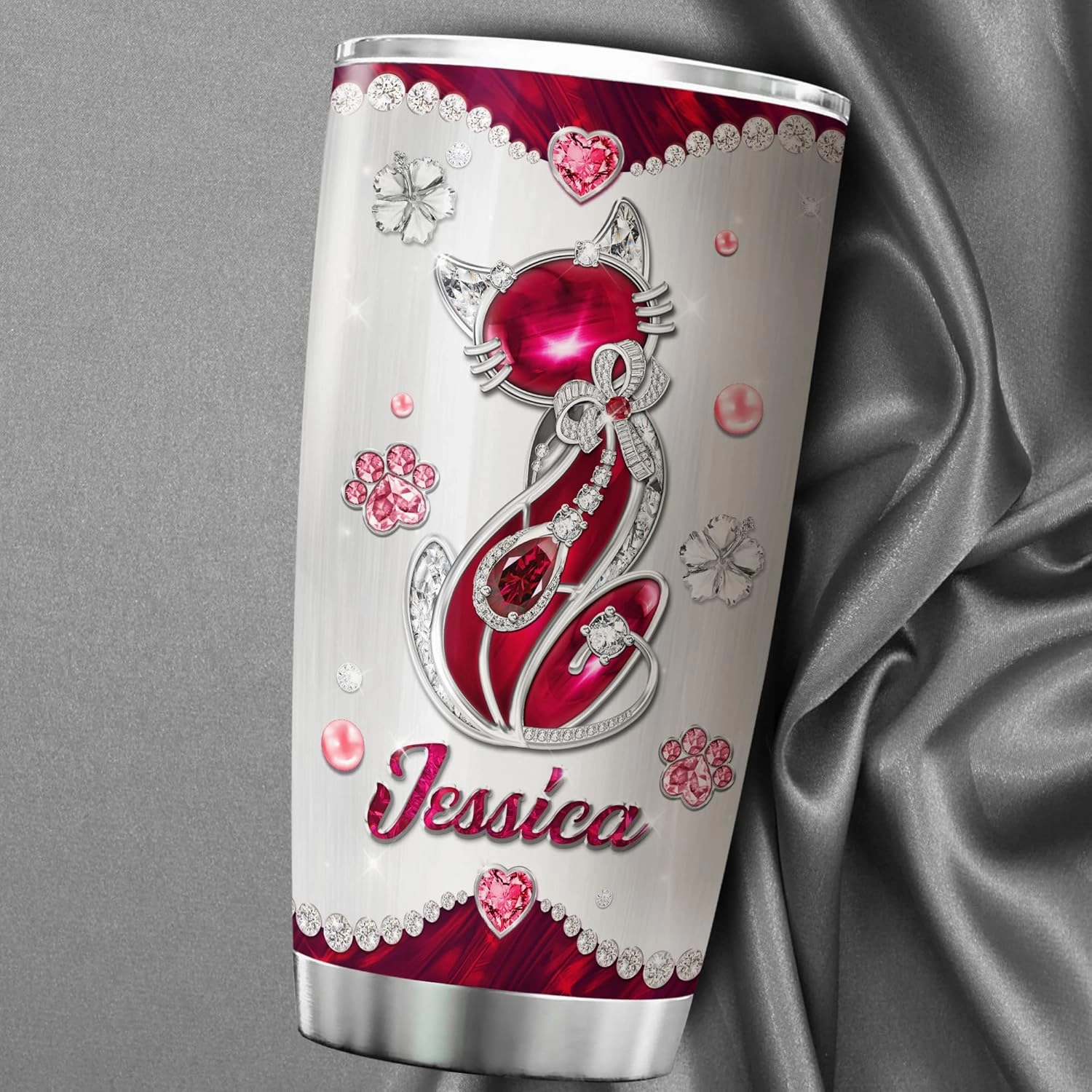 ZOXIX Personalized Cat Mom Tumbler Nutritional Facts Mug 20oz Jewelry Style Stainless Steel Cup With Name Customized Mothers Day Cute Kitten Animal Pet Owner Gifts For Mom Mama