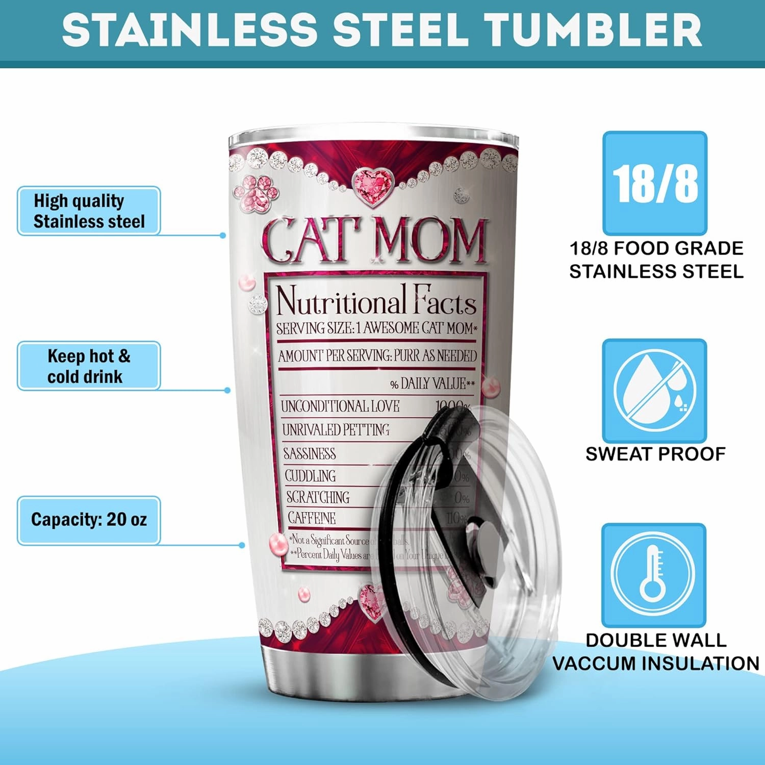 ZOXIX Personalized Cat Mom Tumbler Nutritional Facts Mug 20oz Jewelry Style Stainless Steel Cup With Name Customized Mothers Day Cute Kitten Animal Pet Owner Gifts For Mom Mama