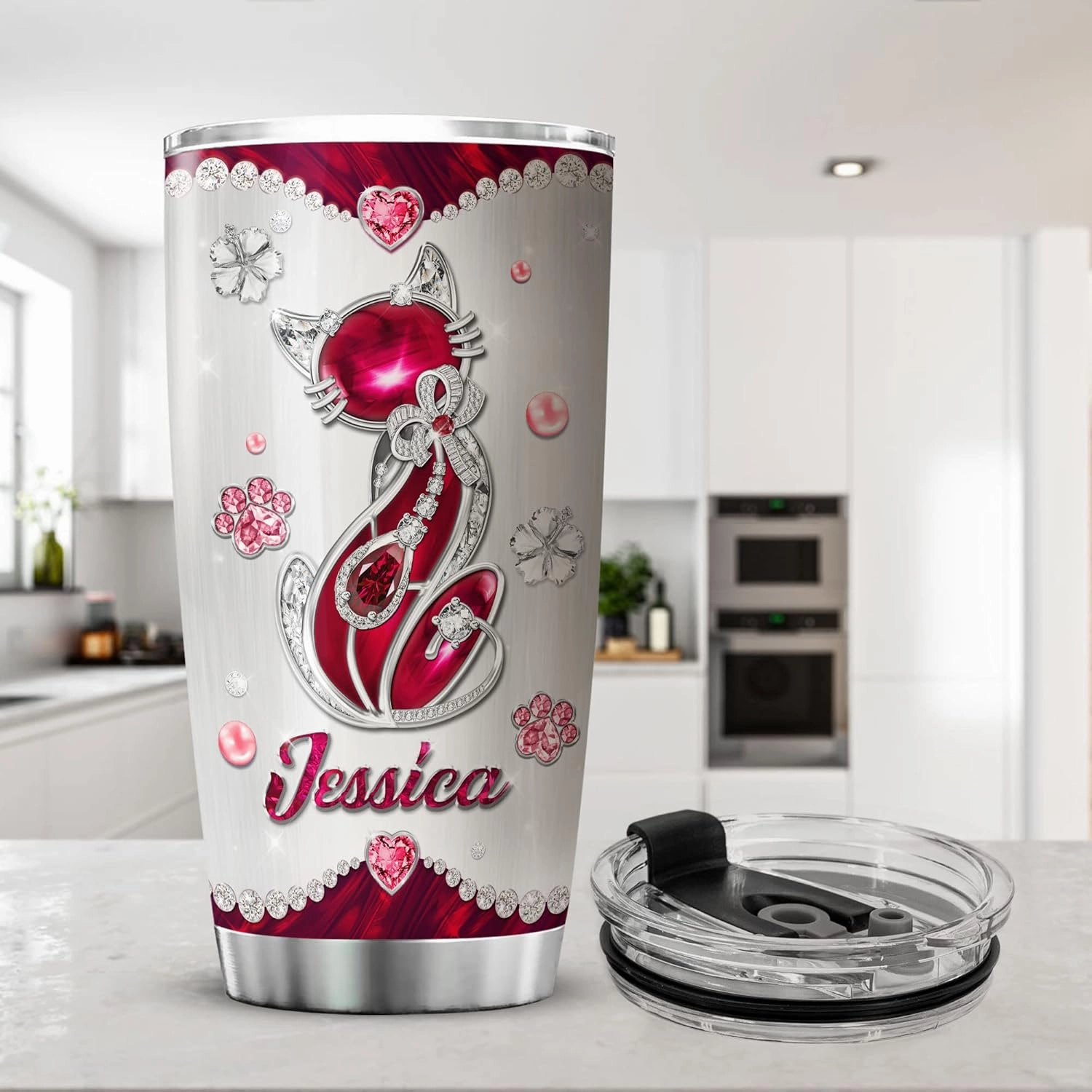 ZOXIX Personalized Cat Mom Tumbler Nutritional Facts Mug 20oz Jewelry Style Stainless Steel Cup With Name Customized Mothers Day Cute Kitten Animal Pet Owner Gifts For Mom Mama